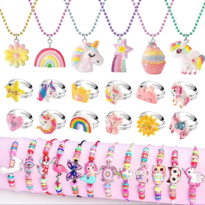 Little Girls Jewelry Sets, Kids Jewelry for Toddler Girl Costume Jewelry Ages Play Rings Unicorn Necklaces Bracelets for Toddlers, Childrens Gift set Year Old Girl