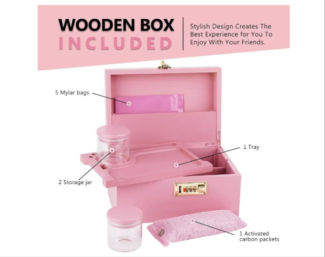 Large Bamboo Box with Combination Lock Decorative box for Home Great Gift Choice Storage Lockbox with Storage Jar, Tray, Resealable Bags and More