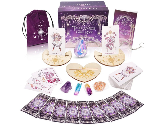 78 Tarot Cards with Guide Book - Tarot Deck Gift Set with Tarot Cloth, Chakra Stones & Tarot Bag, Purple Tarot Cards Fortune Telling Game Craft Cardboard for Beginners and Expert Readers