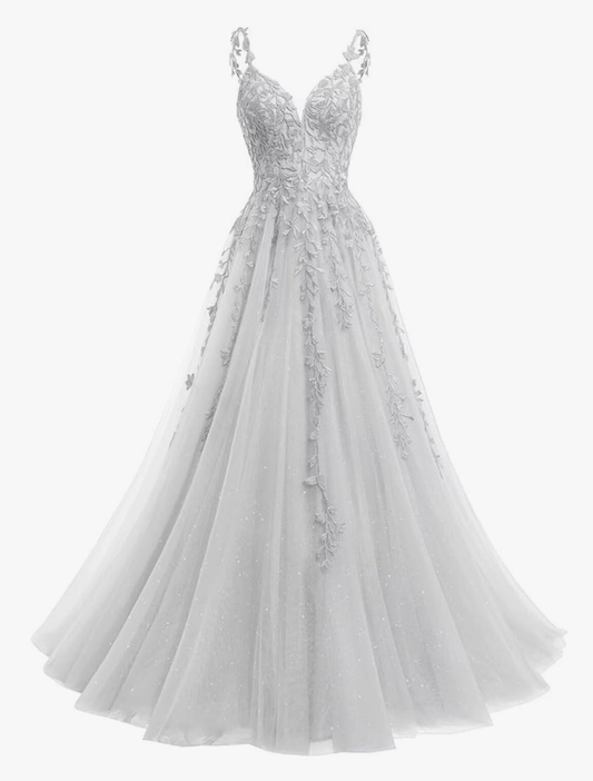 V Neck Tulle Wedding Dresses Long Sparkly Lace Formal Ball Room Party Dress