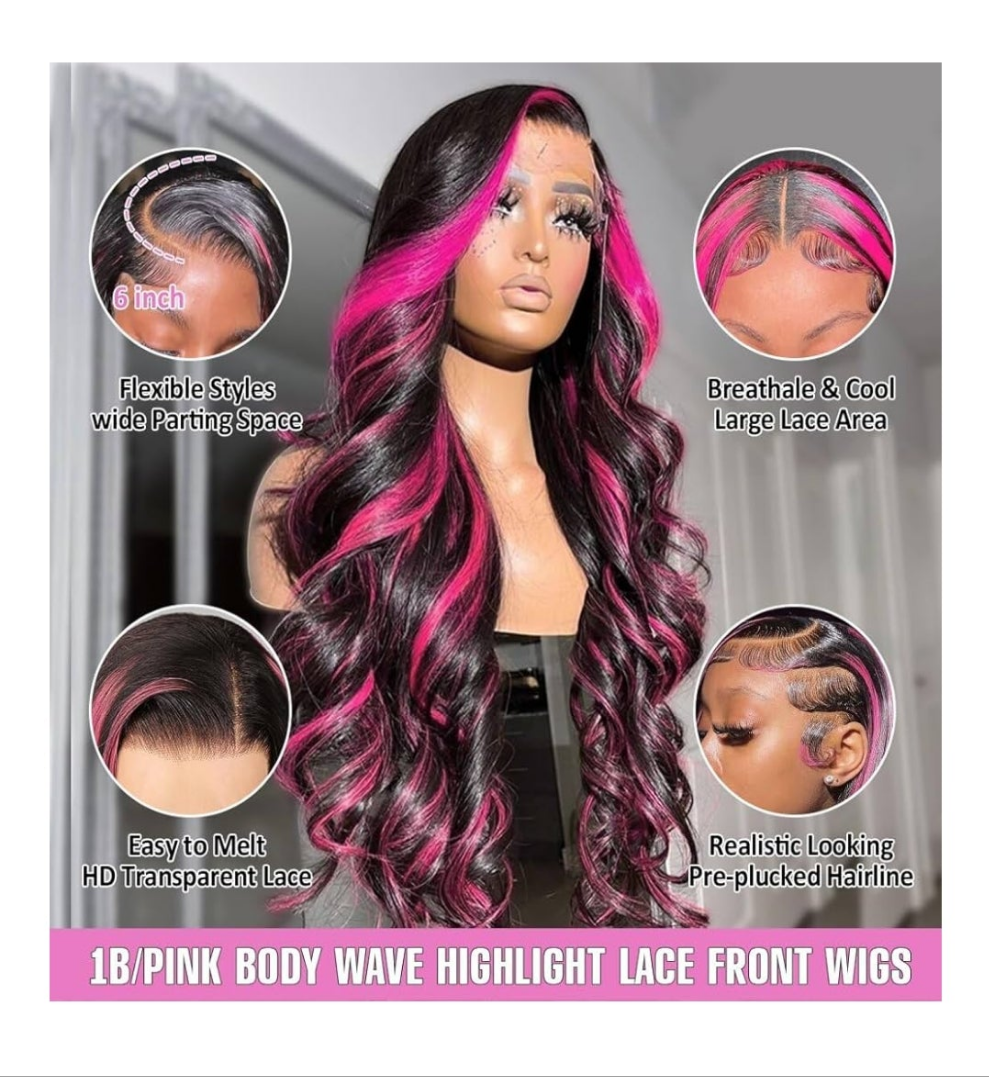 30 Inch Ombre Lace Front Wig Human Hair 13x6 1B/Pink 210% Density Highlight Wig Human Hair HD Body Wave Lace Frontal Pink And Black Colored Glueless Wigs Human Hair