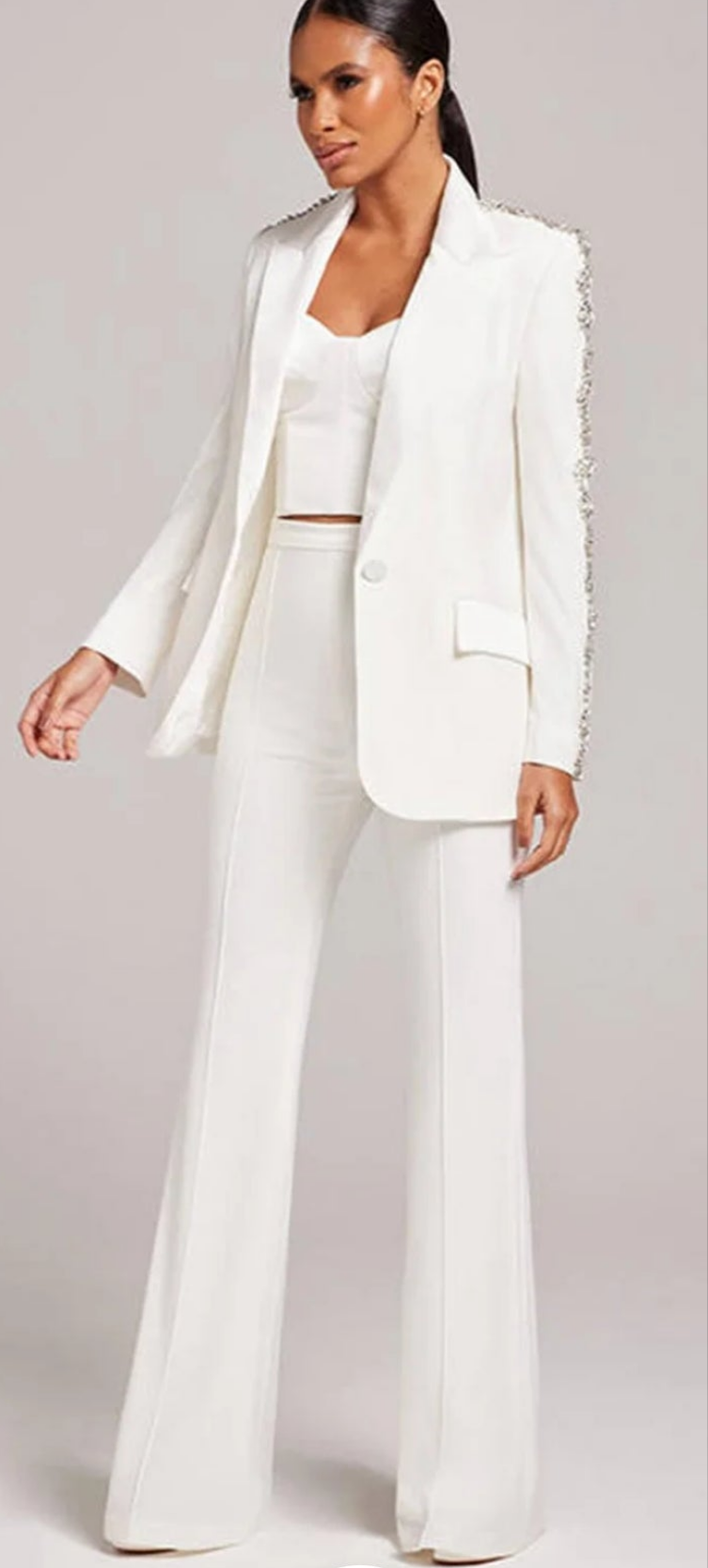 COCOMONEY Lapel Collar Rhinestone Flare Leg Two Piece Pant Set-White or Black