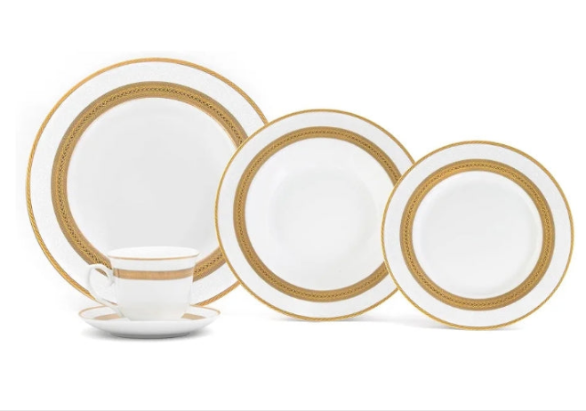 Royalty Porcelain "Queen" 20-Piece White & 24K Gold Dinnerware Set, 24K Gold-Plated Fine Porcelain, Service for 4
