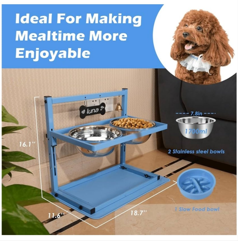 Elevated Dog Bowl Stand with Two 1700ml Stainless Steel Food Bowls, Slow Feeder and Spill Proof Mat, Adjustable Feeder for Large, Medium and Small Dogs