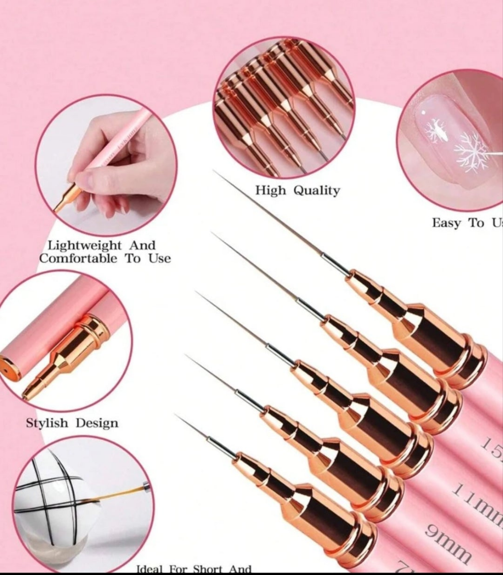 Nail Art Liner Brushes, 5Pcs Painting Nail Art Brush 5pcs/Set Plastic Handle Nail Dotting Drawing Tool For Long Lines, Fine Drawing Sizes 6/9/11/15/25mm(Pink Gold) Painting Design Tools Nail Fine Drawing Pen material abs