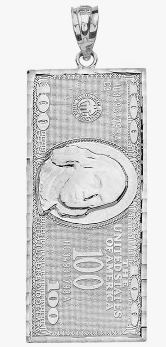 925 Sterling Silver Benjamin's One Hundred Dollar Bill Pendant (Large)