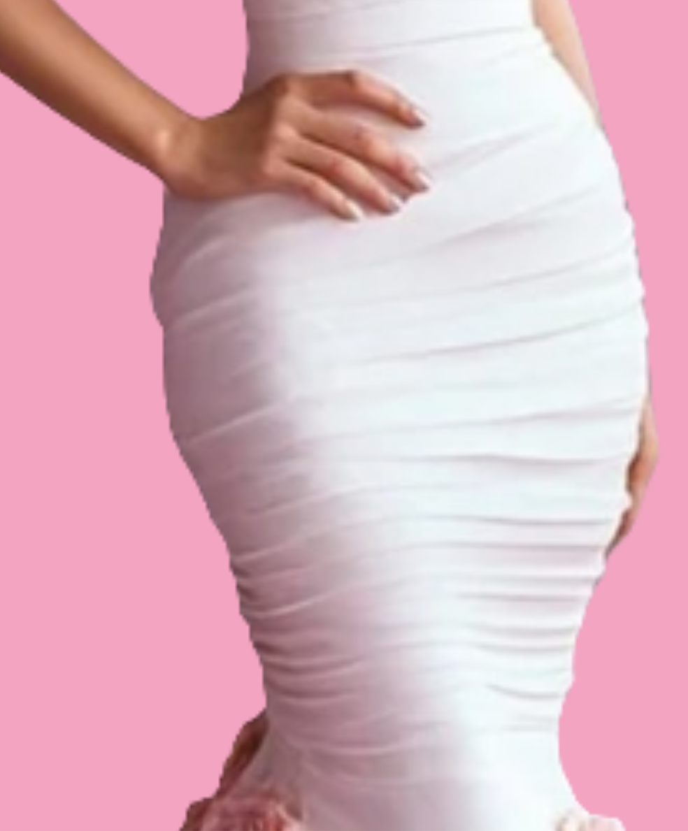 Beautiful Strapless Stereo Floral Long Tail Maxi Dress-White [Custom-Made]