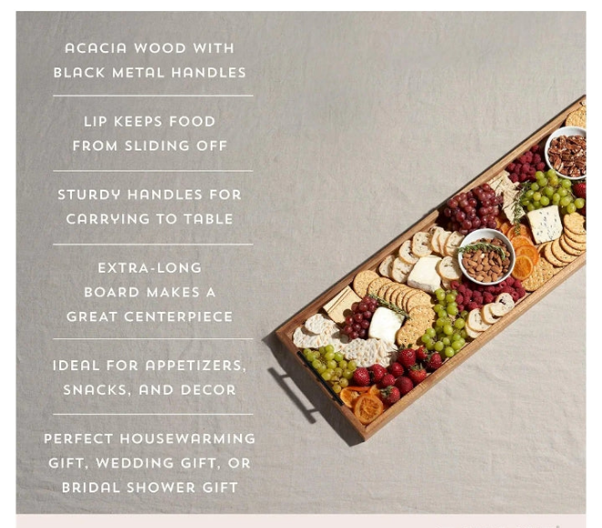 Longboard Platter with Handles, Rectangular Cheese Board and Home Decor Tray, Dining Table Accessories Acacia Wood Set of 1