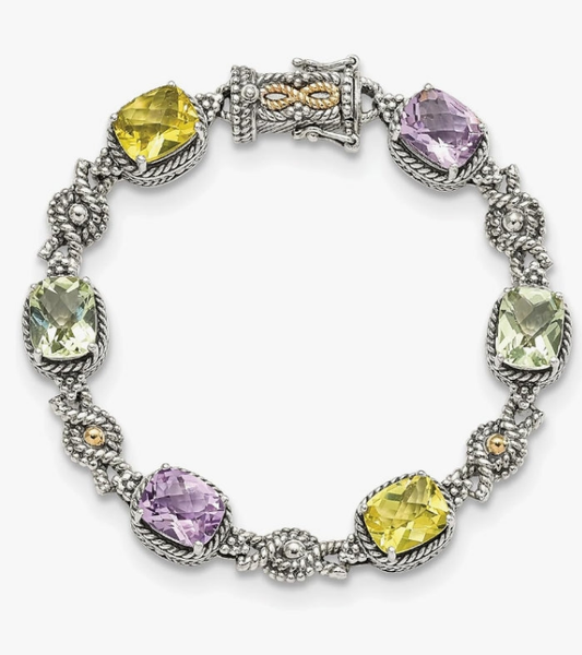 925 Sterling Silver 7.25 inch Vintage Cushion-cut Pink Quartz Green Lemon Chain Gemstone Tennis Bracelet