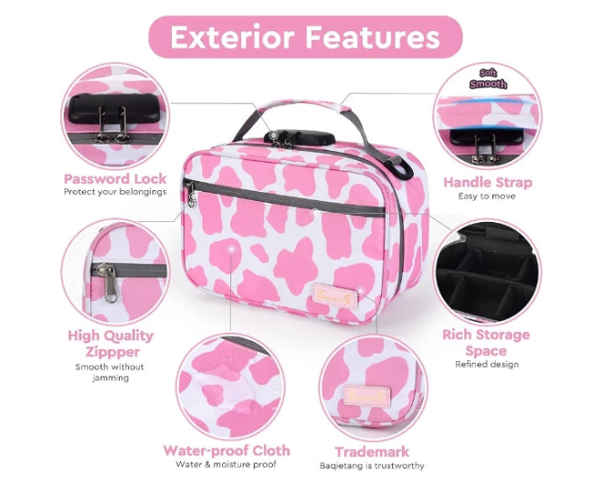 Large Storage Bag with 11 Small Items, Portable Storage Case with Combination Lock For Home and Travel(Cute Cow Print)Pink and white