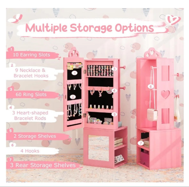 Kids Jewelry Armoire Cabinet, 46" Standing Jewelry Organizer with Full-Length Mirror, Rear Storage Shelves, Garment Rack, Kids Vanity Dress Up Mirror Jewelry Cabinet