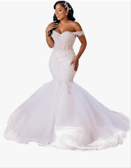 Tulle Mermaid Wedding Dresses for Bride Off Shoulder Lace up Beading Bridal Gowns