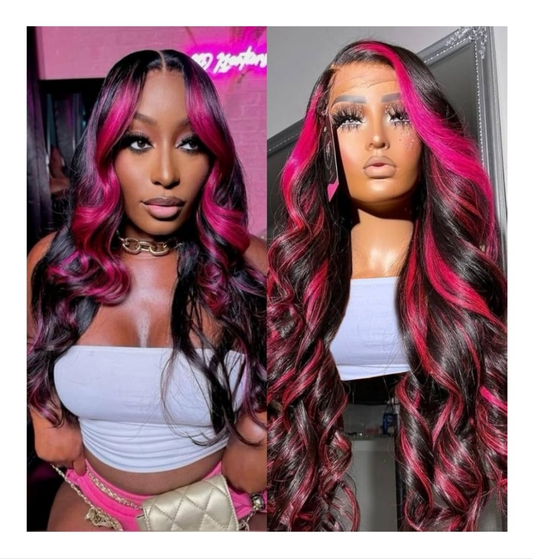 30 Inch Ombre Lace Front Wig Human Hair 13x6 1B/Pink 210% Density Highlight Wig Human Hair HD Body Wave Lace Frontal Pink And Black Colored Glueless Wigs Human Hair