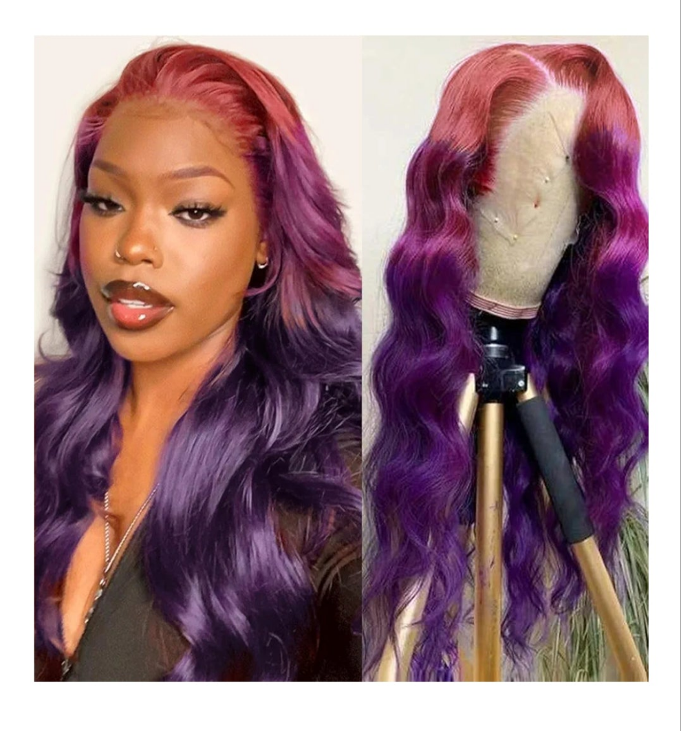 Purple Ombre 13x4 HD Lace Front Wig Human Hair Body Wave 3 Tone Pink to Purple Glueless Wigs Dark Pink Root Rainbow Colored Lace Frontal Wig 180% Density 22 Inch