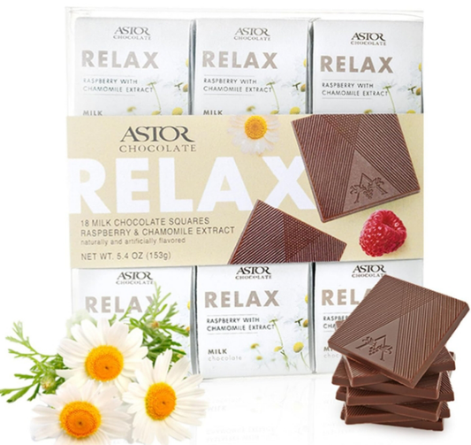 Chocolate Relax Milk Chocolate Chamomile Raspberry Squares Gift Set | Chocolate Lovers Mini Bar Box l 18pc Individually Wrapped Relaxing Belgian Bite Size Chocolate Basket | 0.33oz Each Minibar Gourmet Snack | Kosher Food Candy Holiday Bars