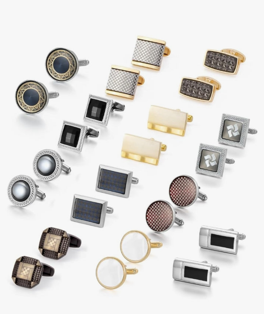 12 Pairs, Classic Fashion Men's Cuff Links Silver-Tone Gold-Tone Black for Business Wedding Party Gift Box