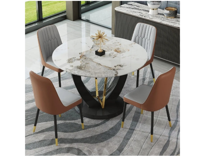 Round Dining Table Set for 4, 48" Dining Room Table with Faux Marble Tabletop and 4 Upholstered Chairs,Modern Round Kitchen Table Chairs Set for Dinning Room, Living Room, Cafe, Restaurant