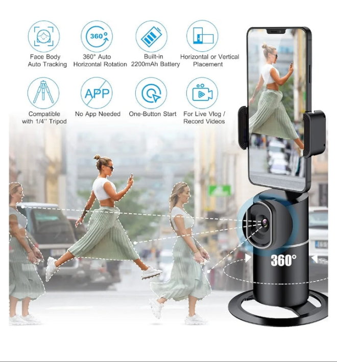 Auto Face Tracking Tripod for TIK Tok Vlog, No App Required, 360° Rotation Face Body Track Selfie Stick Phone Camera Mount, Rechargeable Smart Shooting Holder for Live Videos, YouTube