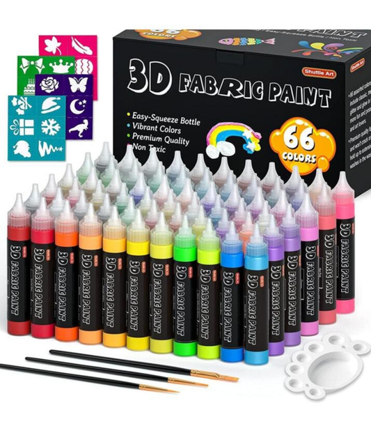 66 Colors Fabric Paint, Shuttle Art 3D Fabric Paint with Stencil and Brushes, Permanent Textile Paint Includes Neon, Metallic, Glitter and Glow in the Dark Paint, Ideal for Clothing and DIY Decoration