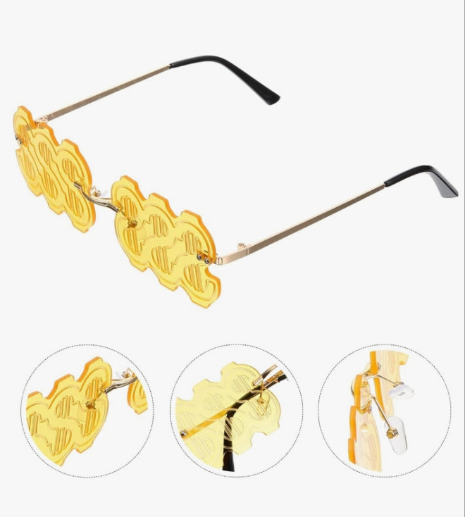 Money Sign Two-color Frameless Party Sunglasses, Fun Novelty Sunglasses, Funny Party Props, Suitable for Cosplay Party Photo Props (gold Frame Yellow Film)