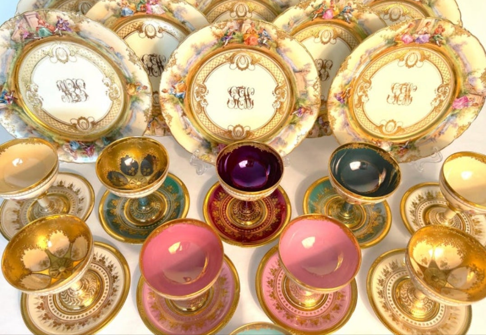 Dresden Ambrosius Lamm Footed Cups and Dessert Plates Set for 10 Hand Painted