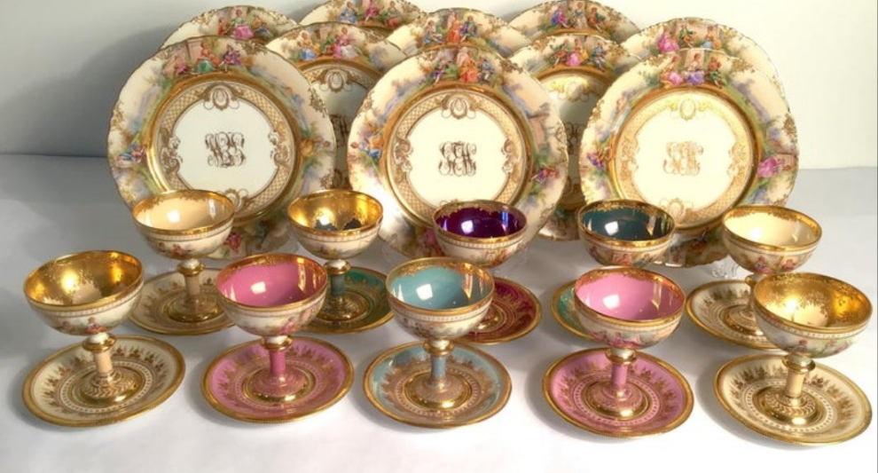 Dresden Ambrosius Lamm Footed Cups and Dessert Plates Set for 10 Hand Painted