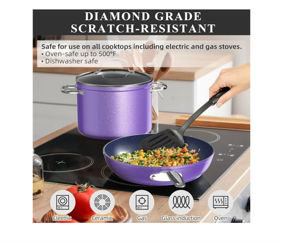 Ceramic Nonstick Cookware Set, Diamond Infused Scratch-Resistant, PFAS Free, Dishwasher & Oven Safe, Induction Ready & Evenly Heats, Tempered Glass Lids & Stay-Cool Handles