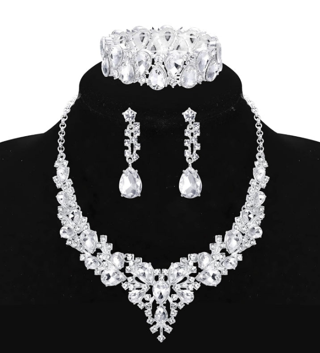 Crystal Bridal Jewelry Sets for Women Necklace Earrings Bracelet Set for Wedding Rhinestone Bridesmaid Choices fit with Wedding Dress