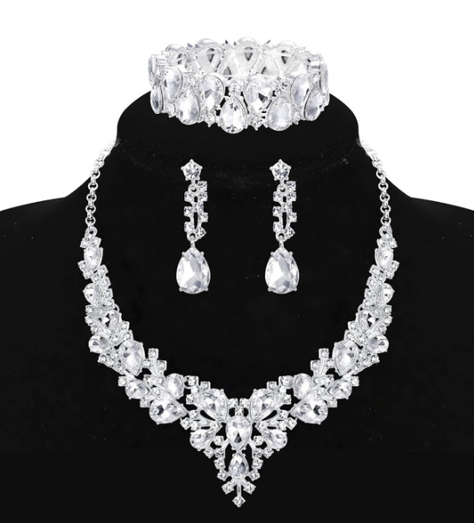 Crystal Bridal Jewelry Sets for Women Necklace Earrings Bracelet Set for Wedding Rhinestone Bridesmaid Choices fit with Wedding Dress