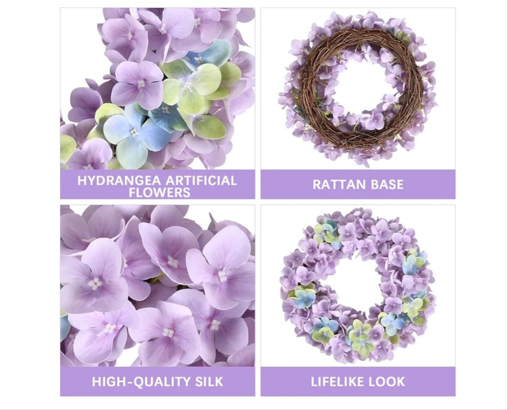 Premium Texture Pink Hydrangea Wreath 16in Spring Wreath Summer Wreath, Valentines Wreaths for Front Door with Natural Grapevine, Artificial Hydrangea Wreath 1 wreath