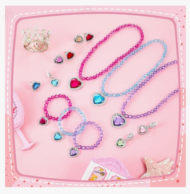 6 Set Princess Jewelry Dress Up Jewelry Princess Pretend Toy Jewelry Set with Necklace Bracelet Rings Earrings Princess Costume Jewelry Beaded Toy Necklace for Party Favors Costume (Colorful)