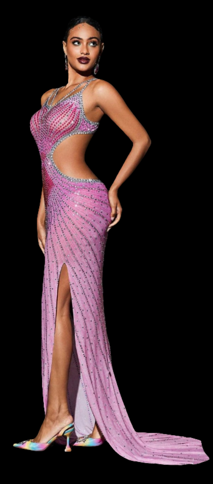Crystal Cutout Maxi Dress In Hot Pink and Grey COCOMONEY