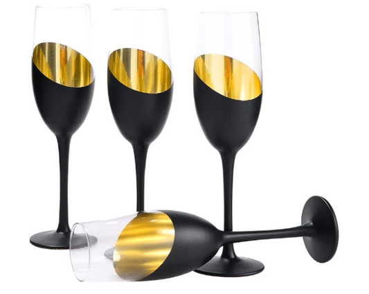 Gold plated Stemmed Champagne Flute Glass Set of 4 with Black and Gold Plated Design, Bachelorette Toasting Glasses Party and Wedding Wine Glass, 8 oz