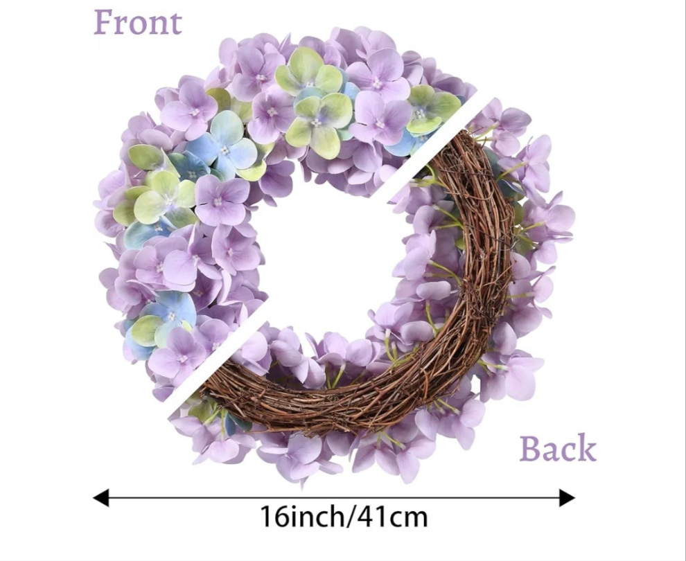 Premium Texture Pink Hydrangea Wreath 16in Spring Wreath Summer Wreath, Valentines Wreaths for Front Door with Natural Grapevine, Artificial Hydrangea Wreath 1 wreath