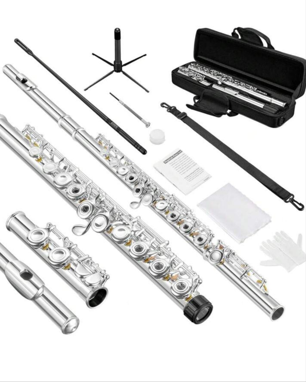 Flutes Closed Hole C 16 Keys Flute Instrument For Beginner With Flute Carry Bag, Stand, Strap, Probe Rod, Gloves, Grease, Adjustment Screwdriver, Cleaning Kit