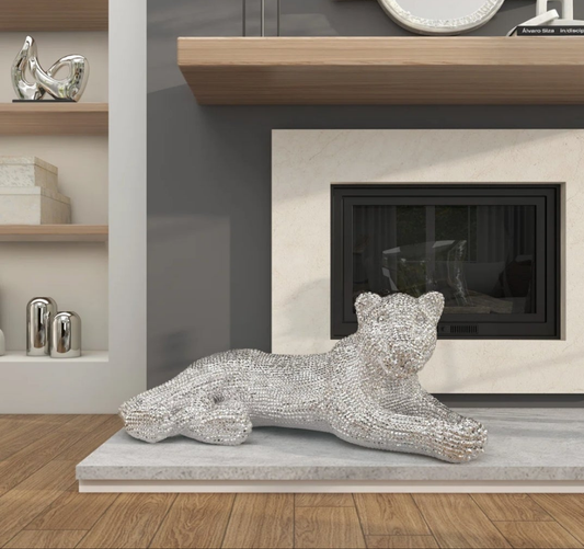 Floor Leopard Decorative Sculpture with Carved Faceted Diamond Exterior