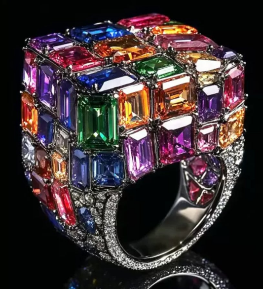 18ctw Emerald Cut Multicolor Sapphire Allover-set Cocktail Ring 925 sterling silver