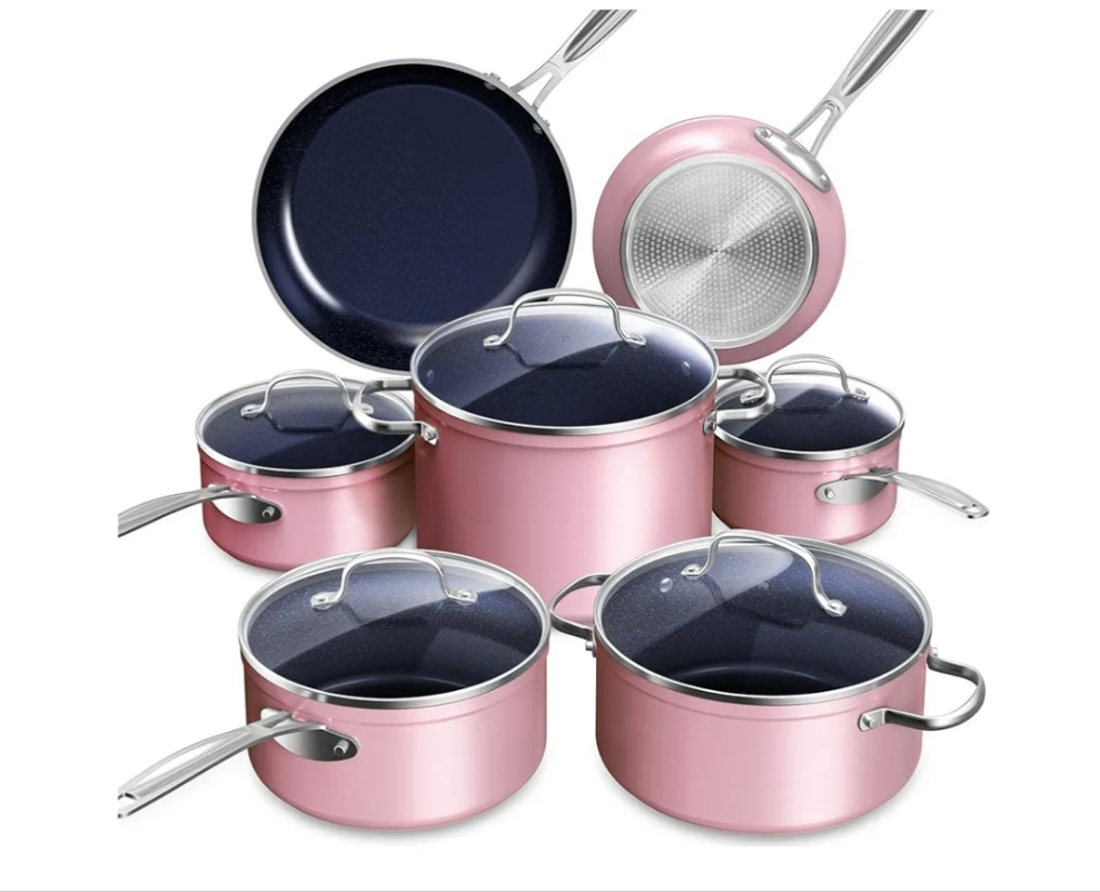 Ceramic Nonstick Cookware Set, Diamond Infused Scratch-Resistant, PFAS Free, Dishwasher & Oven Safe, Induction Ready & Evenly Heats, Tempered Glass Lids & Stay-Cool Handles