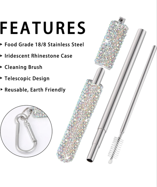 1 Pack Rhinestone Collapsible Stainless Steel Straw, Portable Straw with Cleaning Brush, Metal Reusable Drinking Straw with Bling Case for Travel(Iridescent)