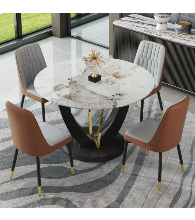Round Dining Table Set for 4, 48" Dining Room Table with Faux Marble Tabletop and 4 Upholstered Chairs,Modern Round Kitchen Table Chairs Set for Dinning Room, Living Room, Cafe, Restaurant