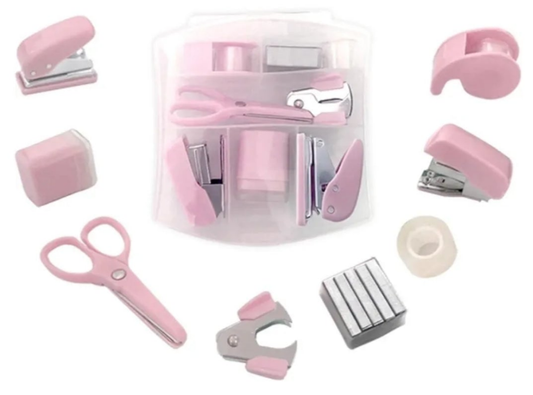 Mini Office Supply Kit Portable Case with Scissors, Mini Stapler,Tape Dispenser,Hole Puncher,Staples Mini Desktop Stapler for Office Or School Supplies