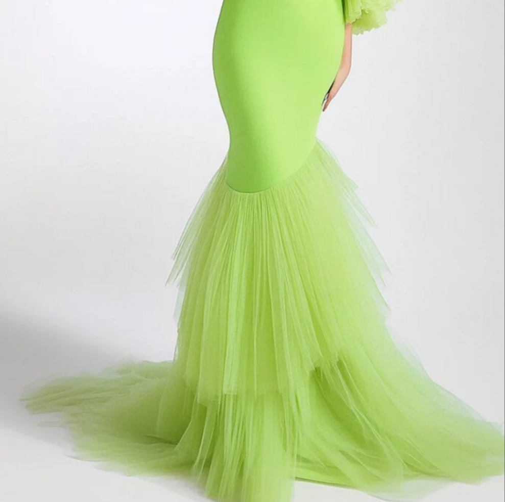 Off Shoulder Mesh Ruffle Sleeve Tiered Maxi Dress-Green [Custom-Made] COCOMONEY