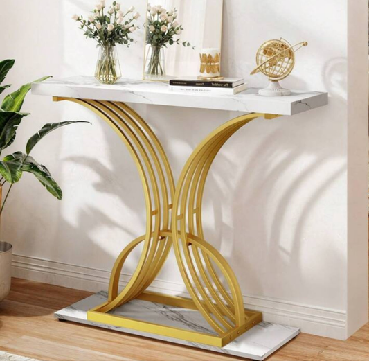 Accent Table, Versatile Console & Sofa Table With Faux Marble Top, Space-Saving Narrow Design For Entryway, Hallway, Or Living Room, White & Gold Marble stone