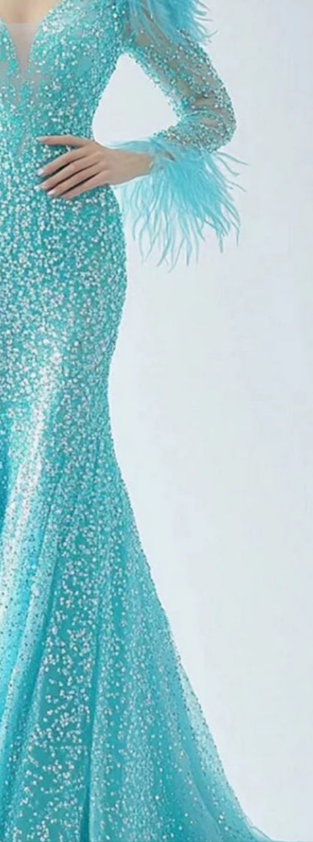 Rhinestone Feather Long Sleeve Fishtail Maxi Dress-Blue [Custom-Made] COCOMONEY