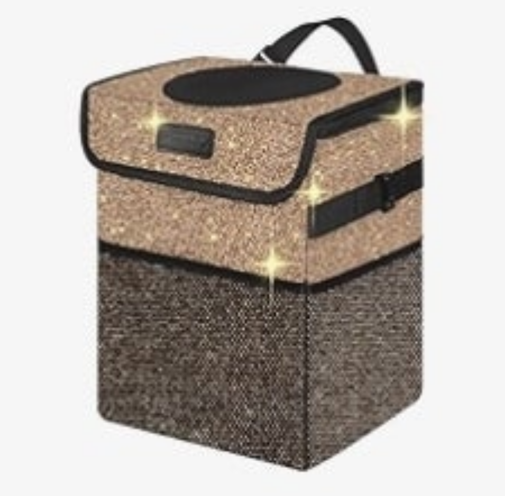 Cute Mini Car Trash Bag with Lid, Glitter Garbage Can Bin Hanging for Back/Front Seat/Console, Waterproof, Leakproof, 2.5 Gallon, Bling Sparkly