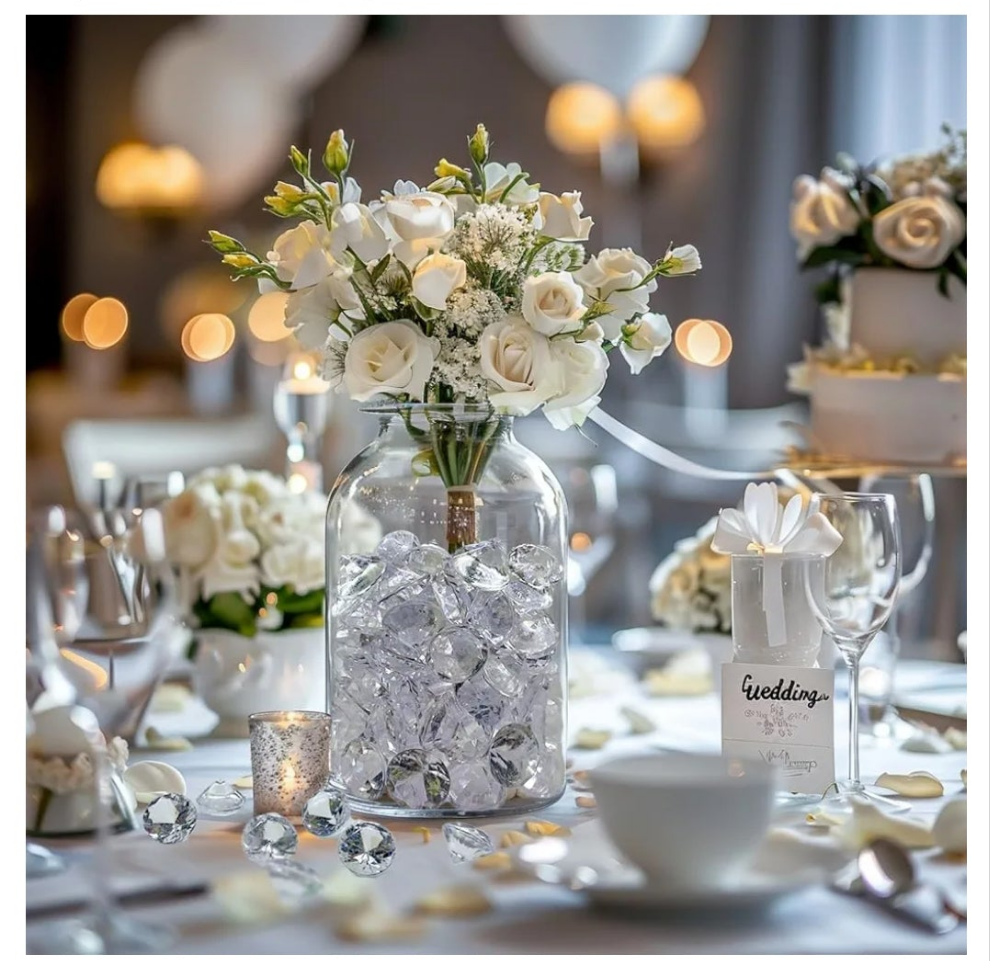 420 Pcs Acrylic Diamonds Diving Gems Crystal Clear Treasure Jewels for Table Scatters, Wedding Centerpieces,Party Decor,Vase Fillers,0.8" and 0.4" in 2 Seperate Organza Bags