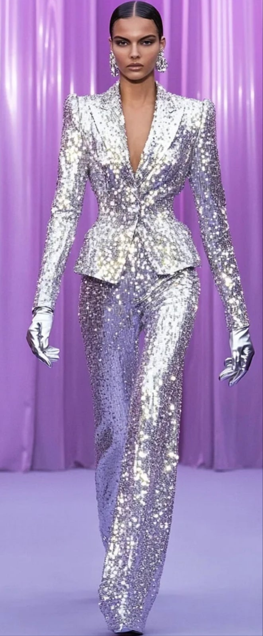 COCOMONEY Sparkly Sequin Peak Lapel Two Piece Pant Set-Silver All over design gloves not included
