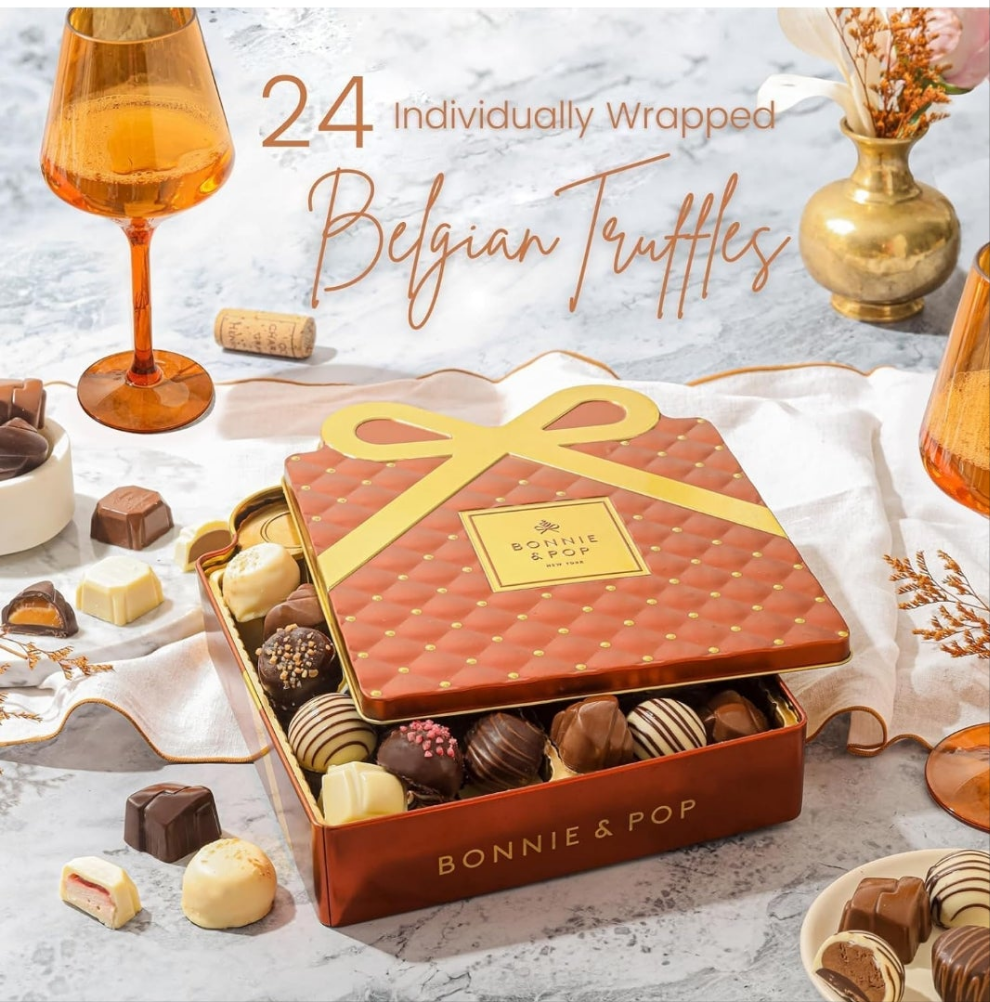 Chocolate Gift Basket, Candy Food Gifts Arrangement Platter, Gourmet Snack Gift Bow Tin Box, Present Idea, Stocking Stuffer, Corporate Him & Her, Men Women Family Parties- Gourmet Belgian Truffles- Brown- Bonnie & Pop