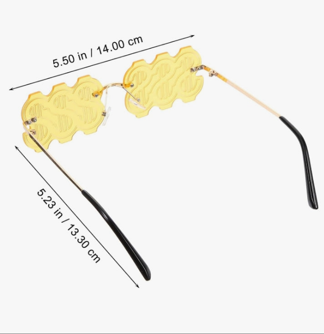 Money Sign Two-color Frameless Party Sunglasses, Fun Novelty Sunglasses, Funny Party Props, Suitable for Cosplay Party Photo Props (gold Frame Yellow Film)