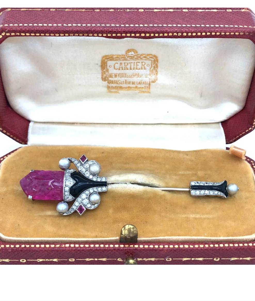 Cartier, Platinum 18K Gold Ruby Pearl Enamel Diamond Jabot Brooch, IAJA, GIA Diamonds: Approximately 0.32 ct Burma No-heat carved Ruby:
